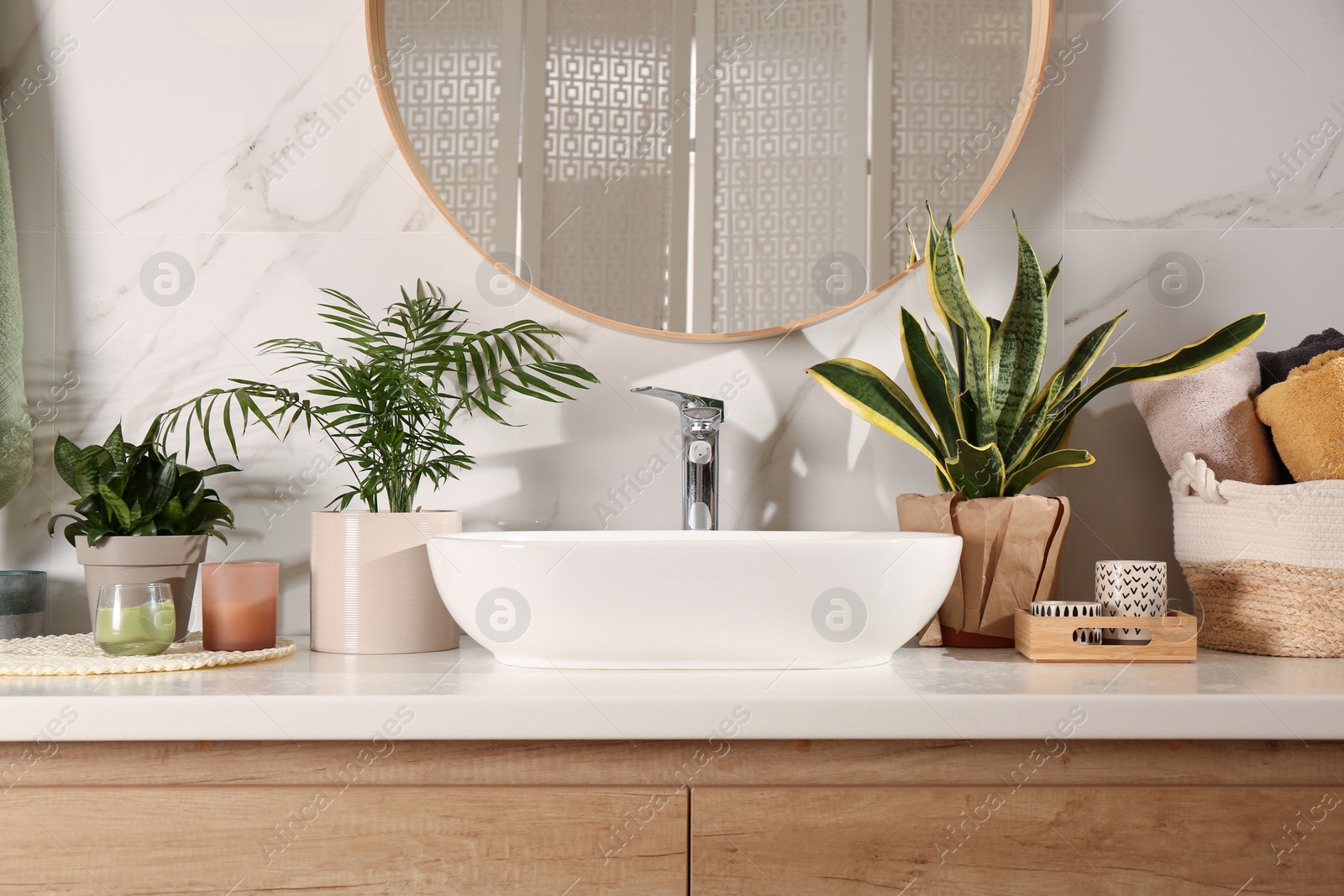 Photo of Bathroom interior with sink, beautiful green houseplants and mirror