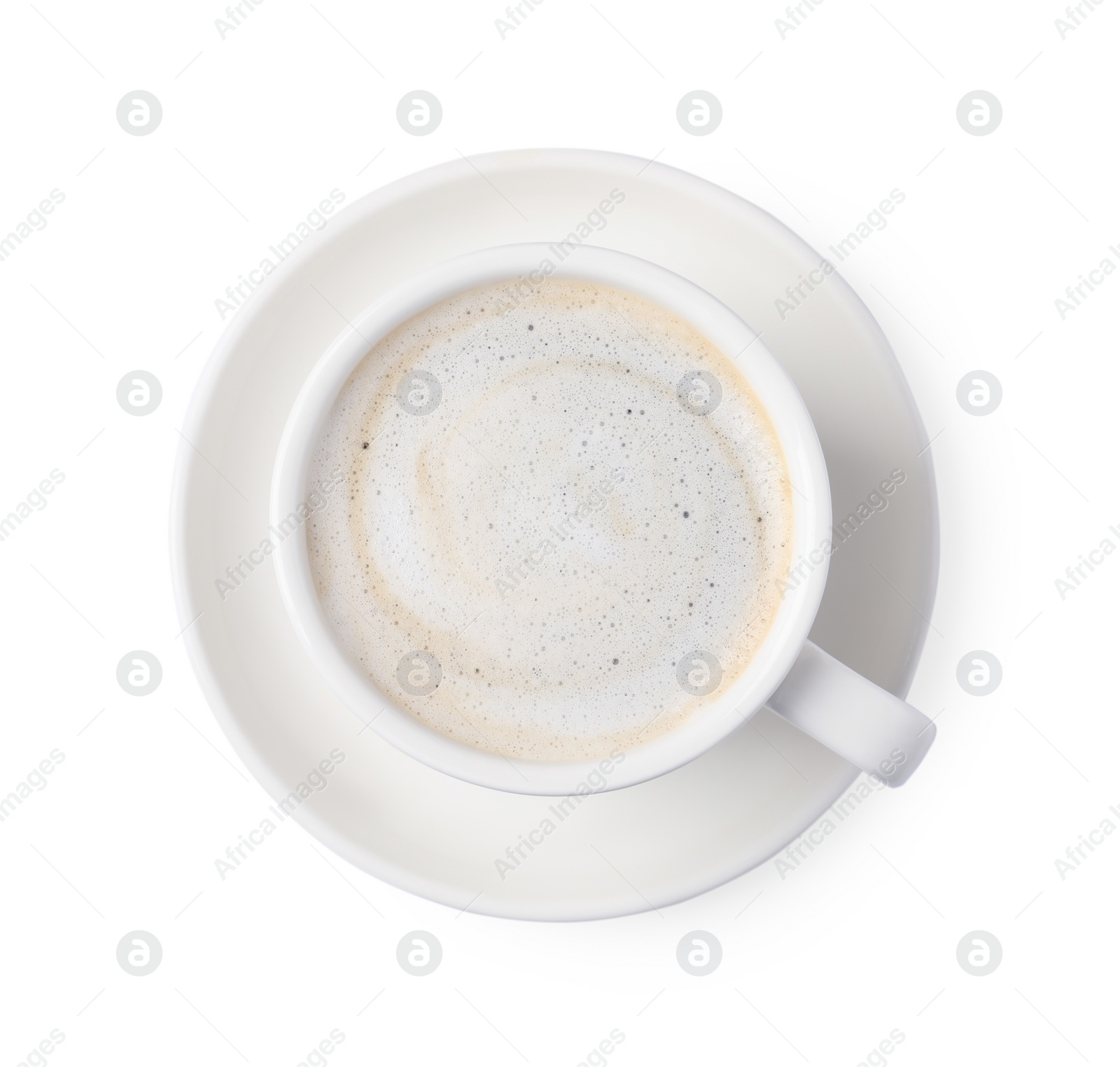 Photo of Tasty cappuccino in coffee cup isolated on white, top view