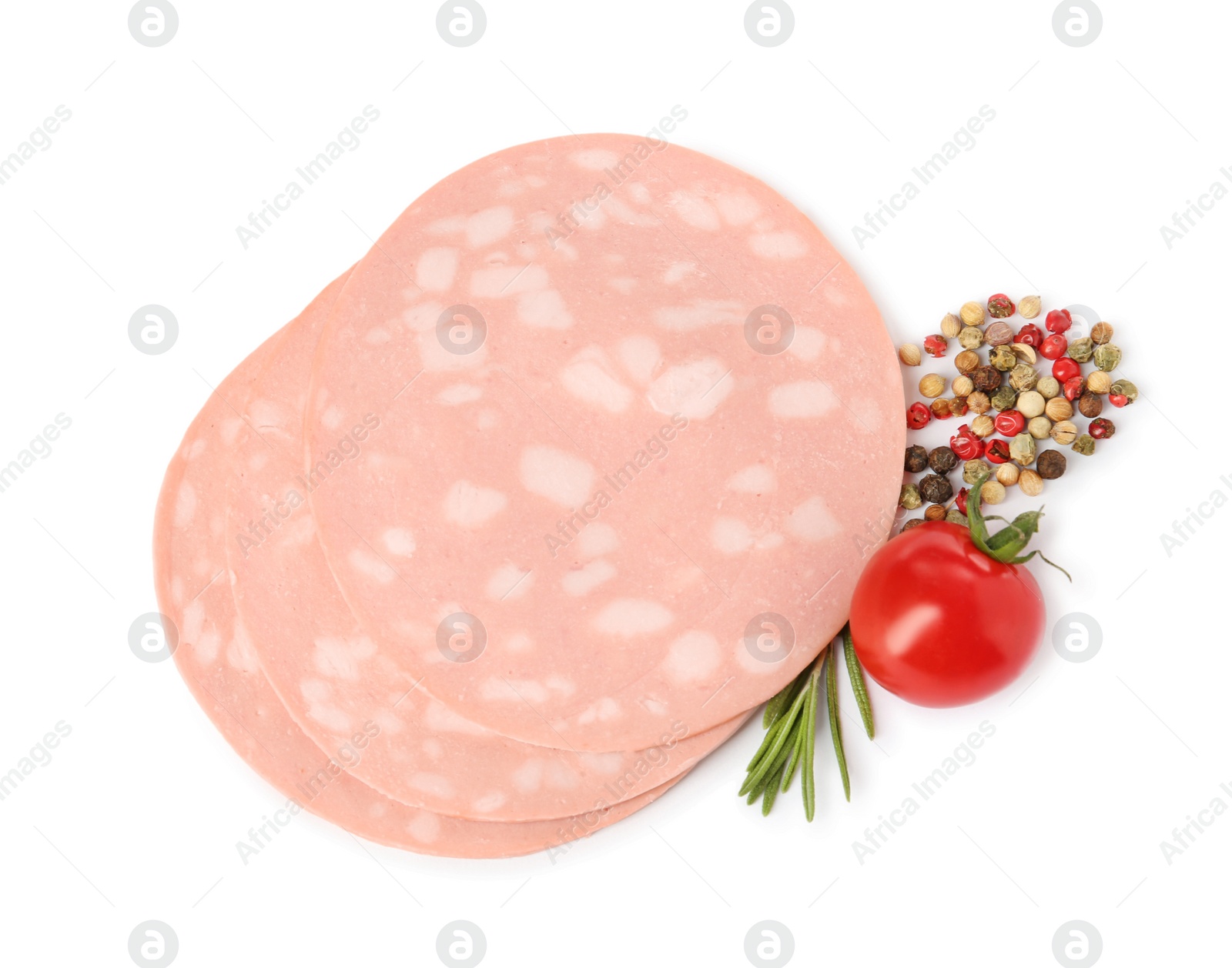 Photo of Slices of delicious boiled sausage with rosemary, tomato and pepper on white background, top view