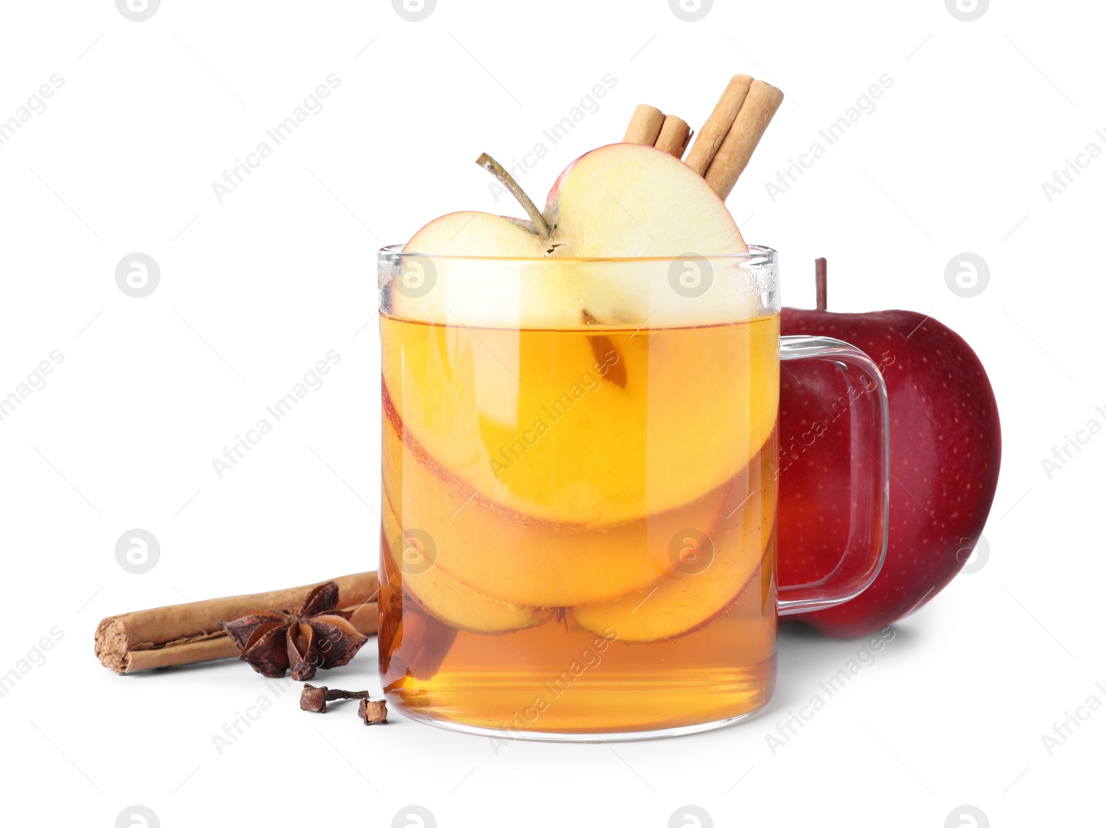 Photo of Hot mulled cider and ingredients on white background