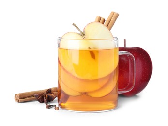 Hot mulled cider and ingredients on white background