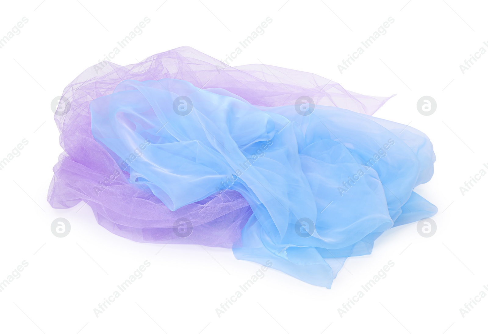 Photo of Beautiful colorful tulle fabrics on white background