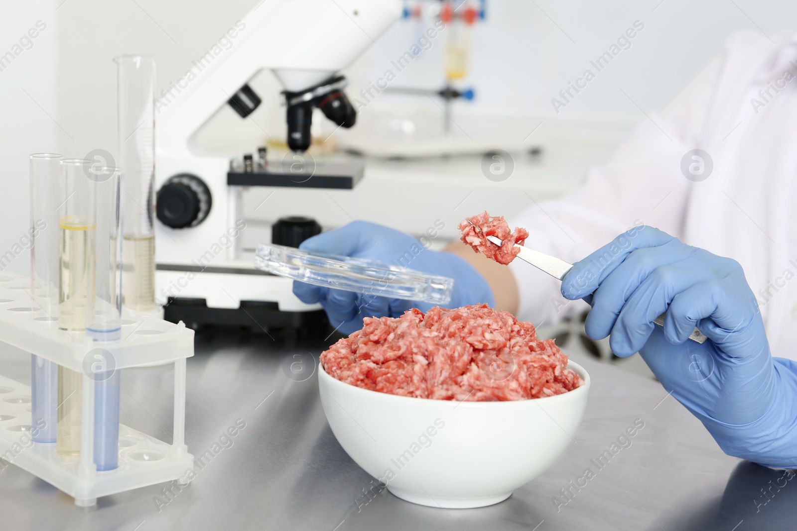 Photo of Scientist inspecting forcemeat in laboratory, closeup. Food quality control