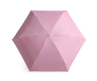 Photo of Stylish open pink umbrella isolated on white