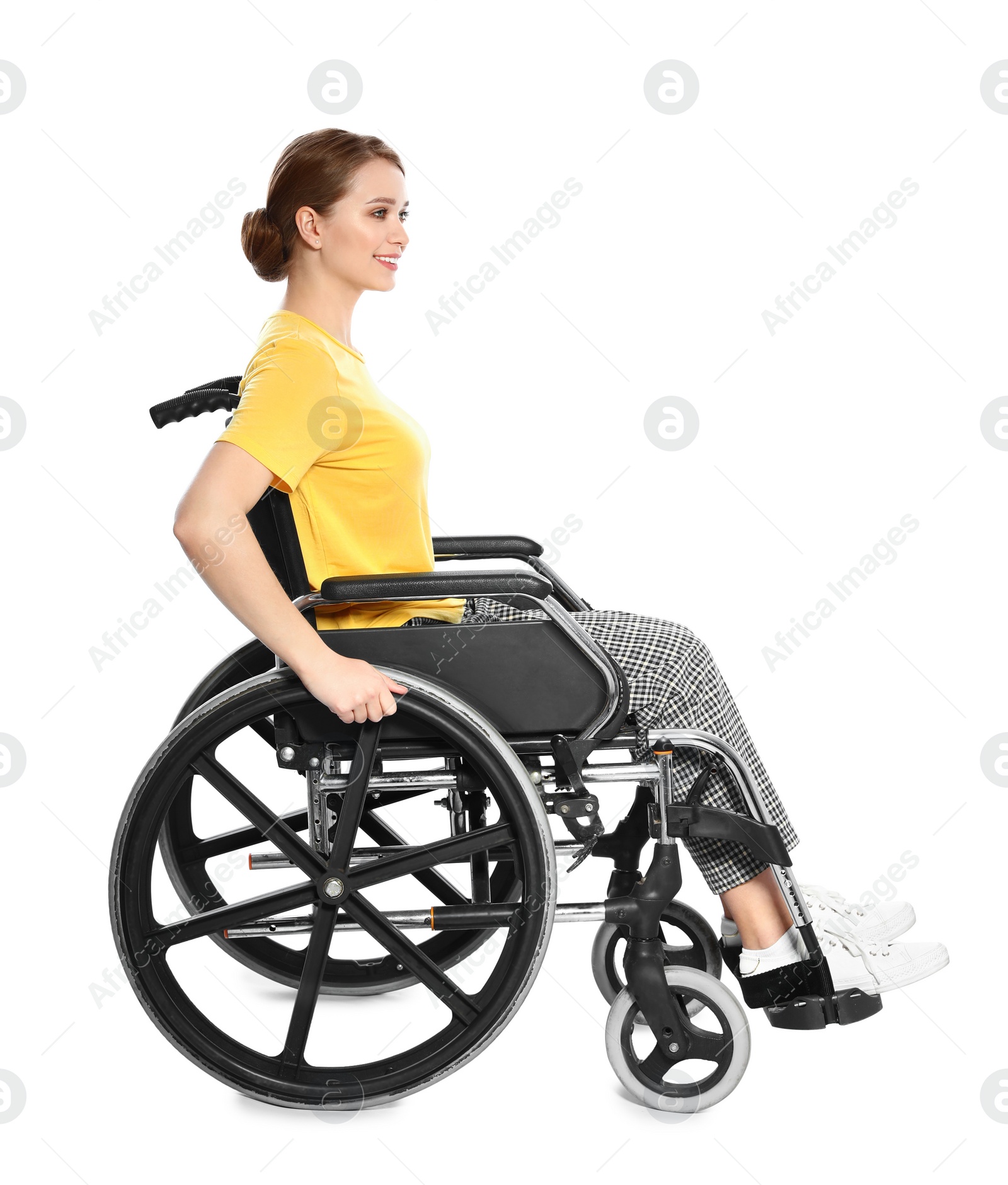 Photo of Portrait of beautiful woman in wheelchair isolated on white