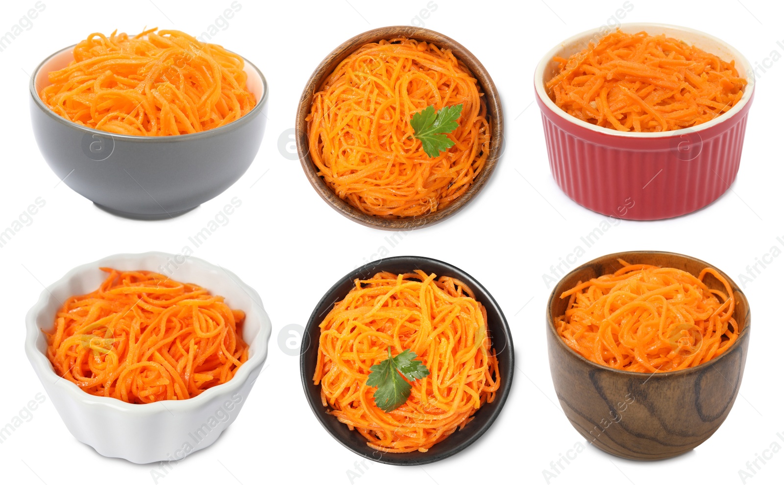 Image of Set with tasty Korean carrot salad on white background