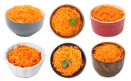 Set with tasty Korean carrot salad on white background