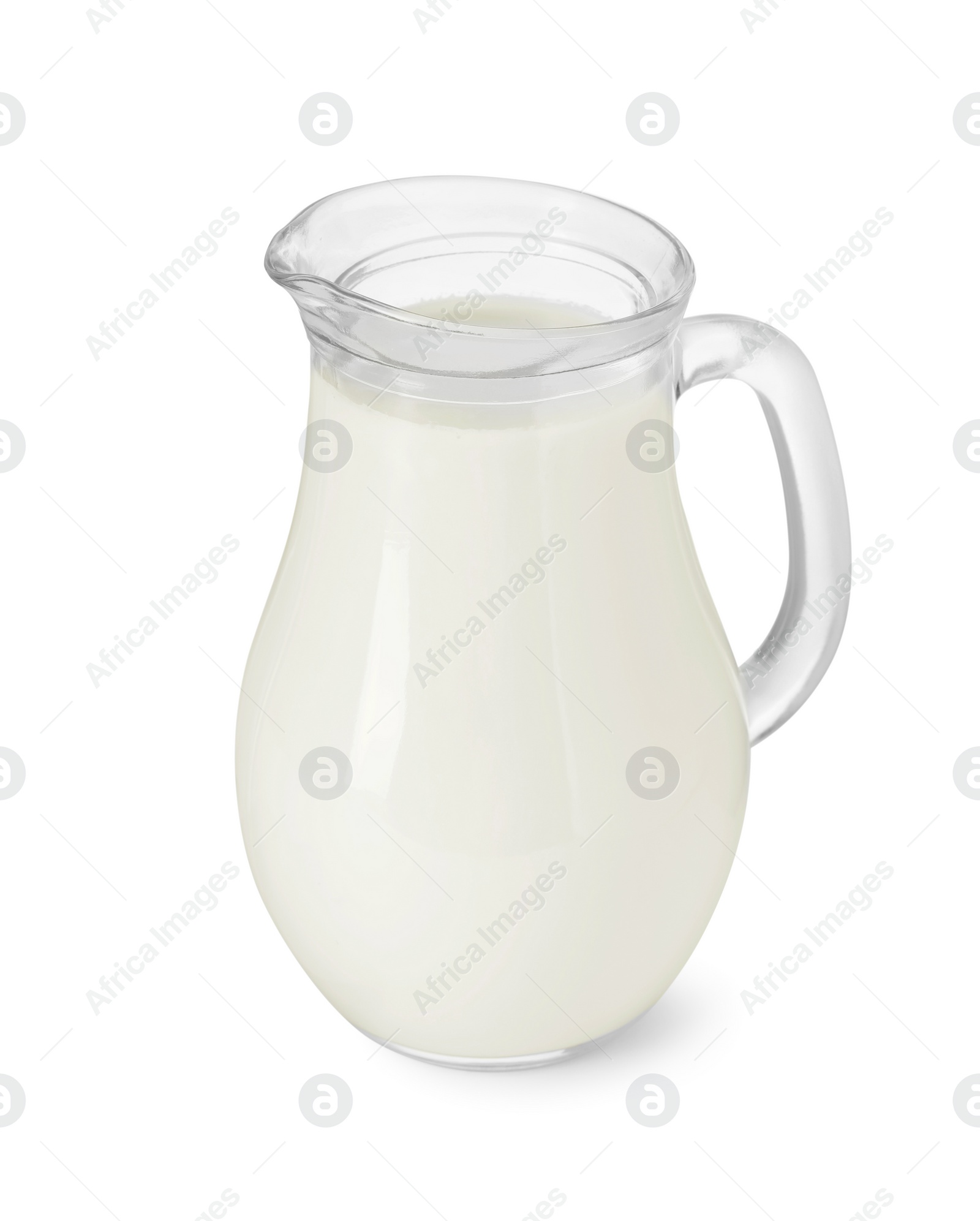 Photo of Glass jug of fresh milk isolated on white