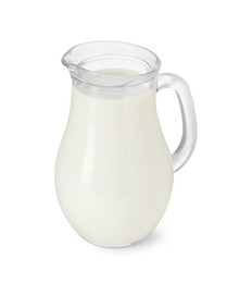 Photo of Glass jug of fresh milk isolated on white