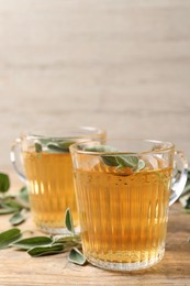 Cups of aromatic sage tea and fresh leaves on wooden table. Space for text