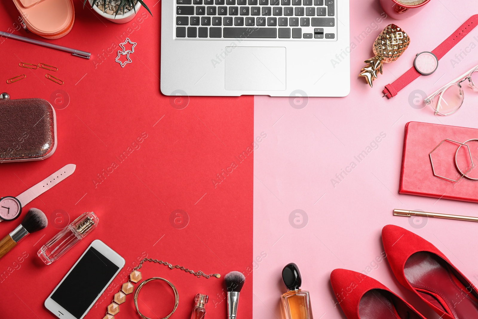 Photo of Flat lay composition with different cosmetic products, laptop, shoes and space for text on color background. Beauty blogger