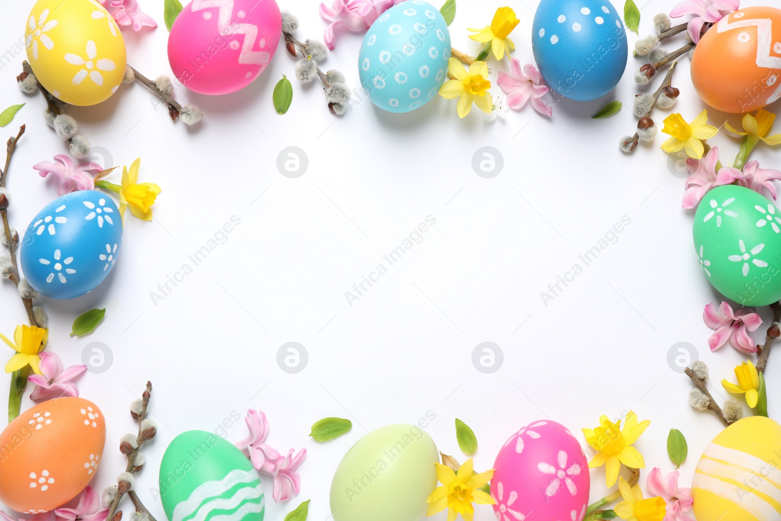 Photo of Frame made with Easter eggs on white background, flat lay. Space for text