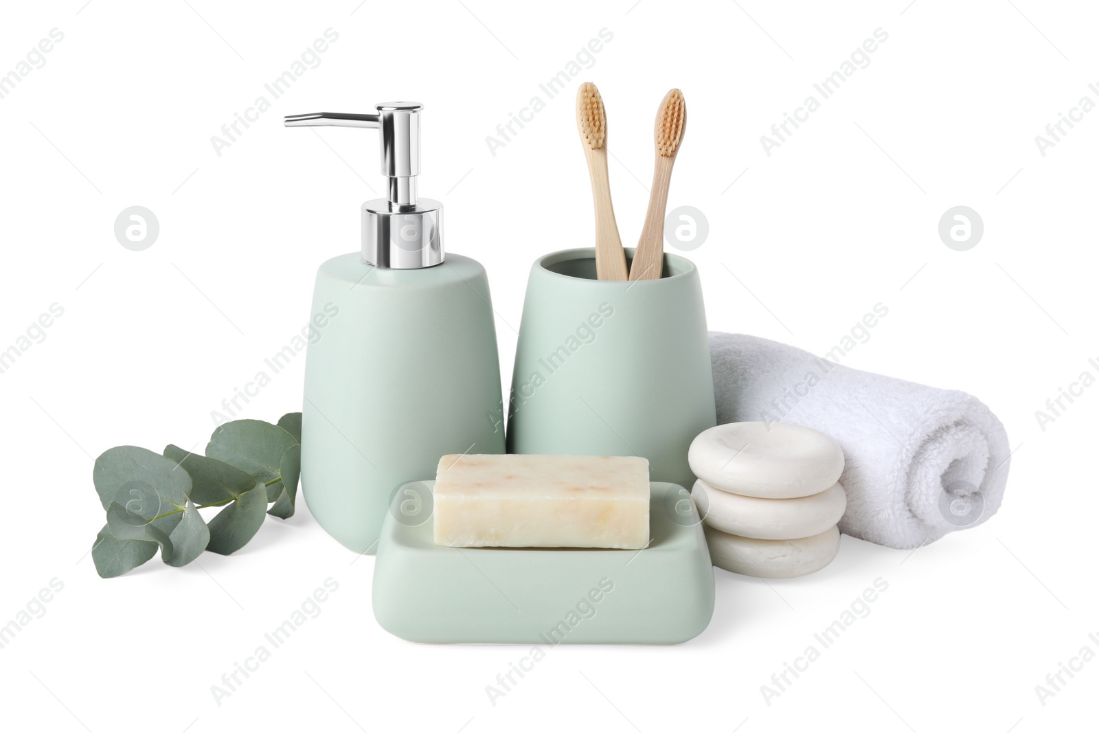 Photo of Bath accessories. Set of different personal care products and eucalyptus leaves isolated on white