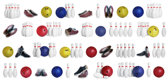 Set of bowling balls, pins and shoes on white background