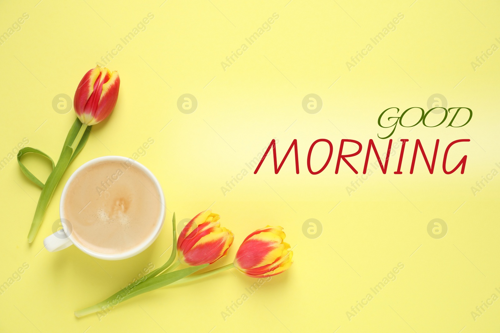 Image of Good Morning! Cup of coffee and tulips on yellow background, flat lay