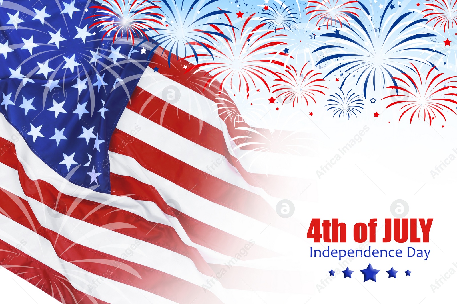 Image of 4th of july - Independence Day of USA. American national flag and fireworks on white background 