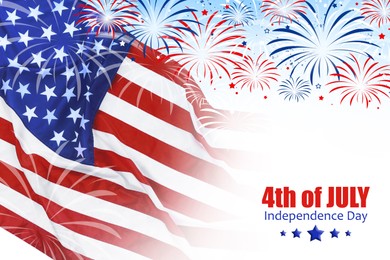 Image of 4th of july - Independence Day of USA. American national flag and fireworks on white background 