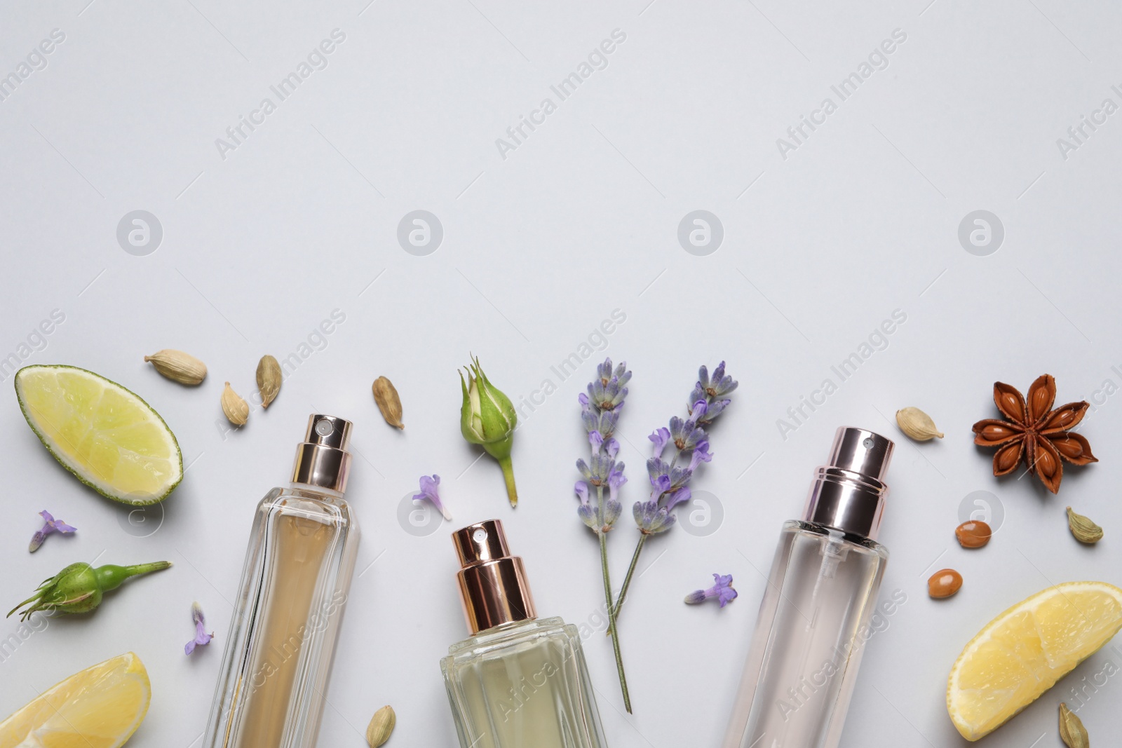 Photo of Flat lay composition with bottles of perfume, citrus fruits and flowers on light grey background. Space for text