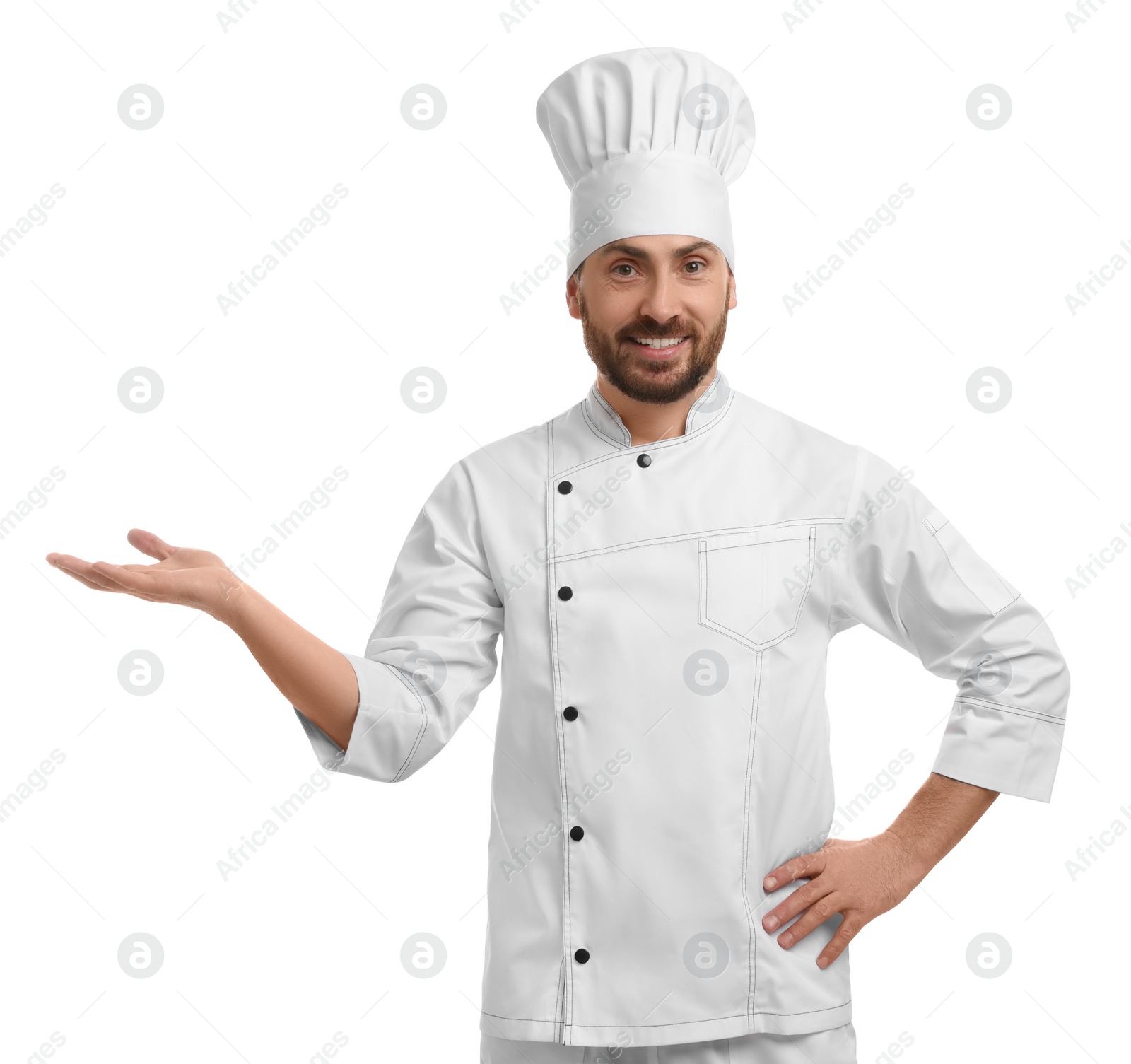 Photo of Smiling mature male chef showing something on white background