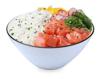 Delicious poke bowl with salmon and vegetables isolated on white