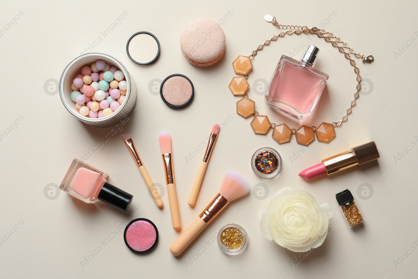 Photo of Flat lay composition with decorative cosmetics on color background