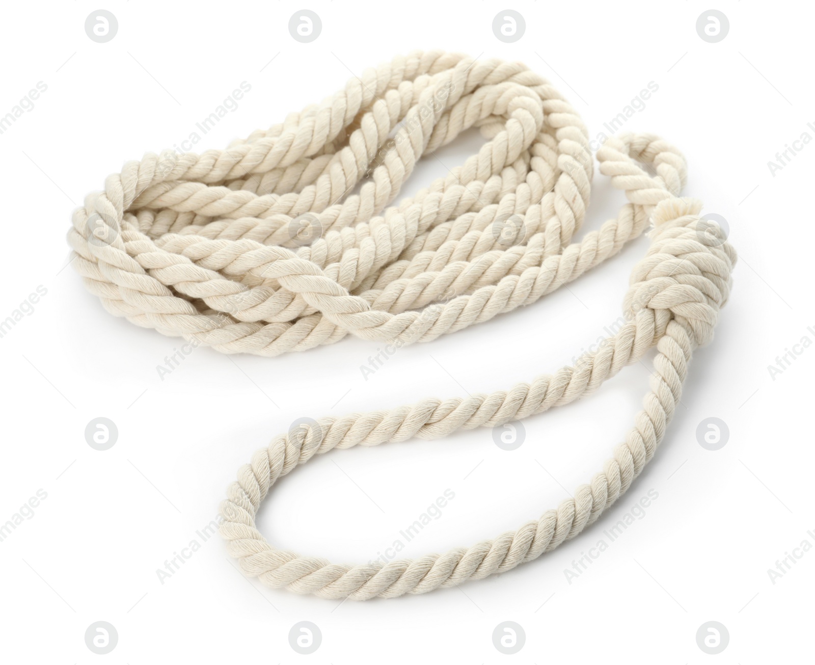 Photo of Rope noose with knot on white background