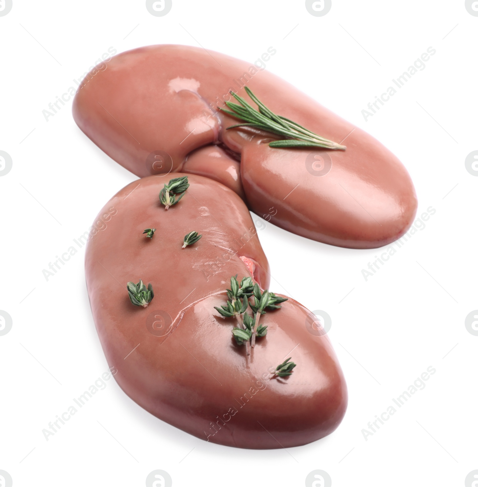 Photo of Fresh raw pork kidneys with rosemary and thyme on white background