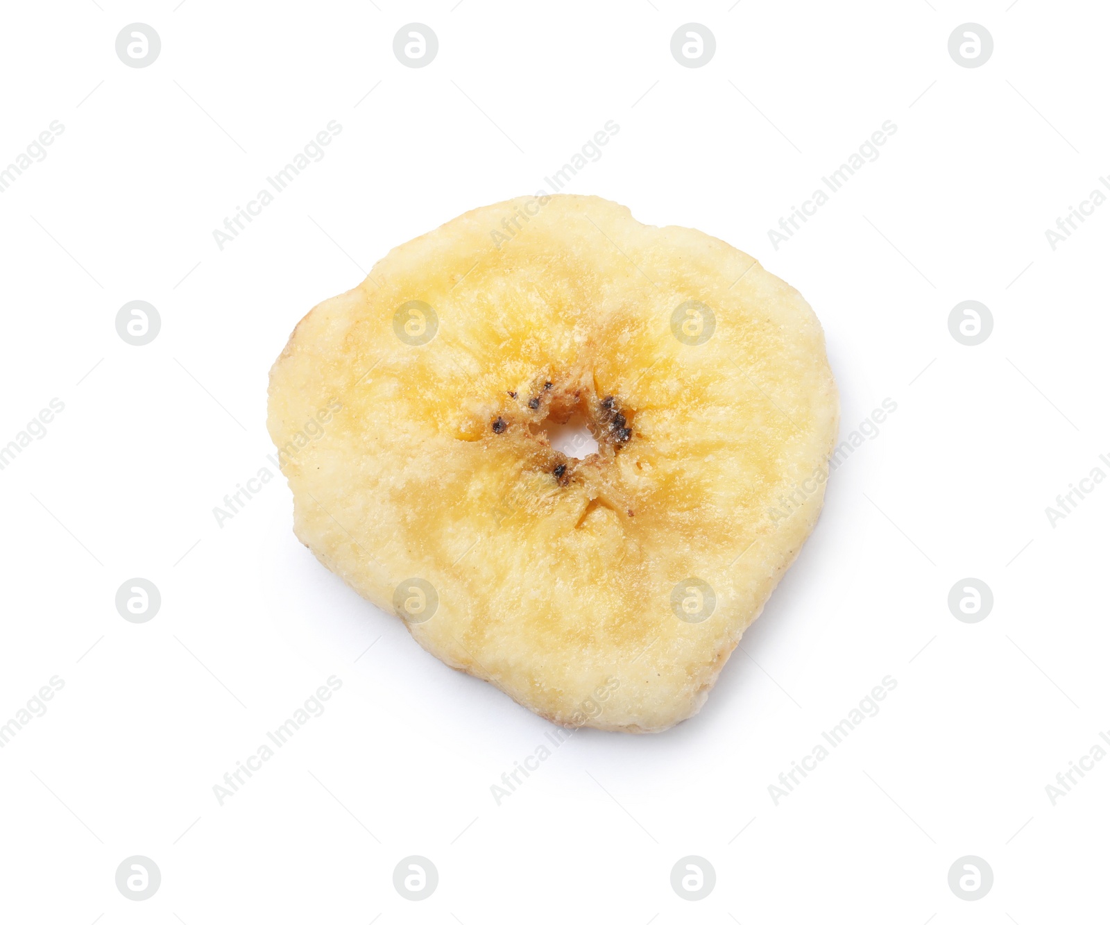 Photo of Sweet banana slice on white background. Dried fruit as healthy snack