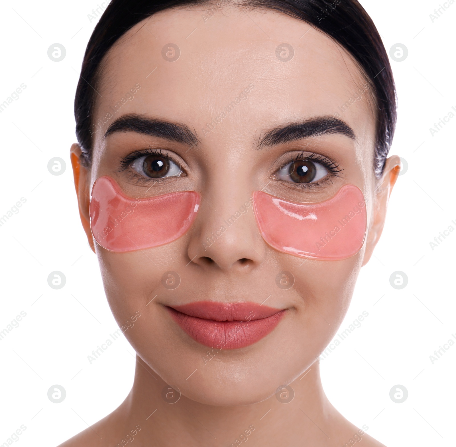 Photo of Beautiful young woman with under eye patches on white background