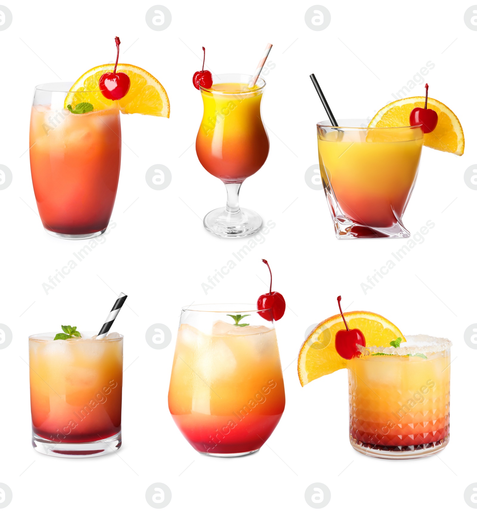 Image of Set of Tequila Sunrise cocktails on white background