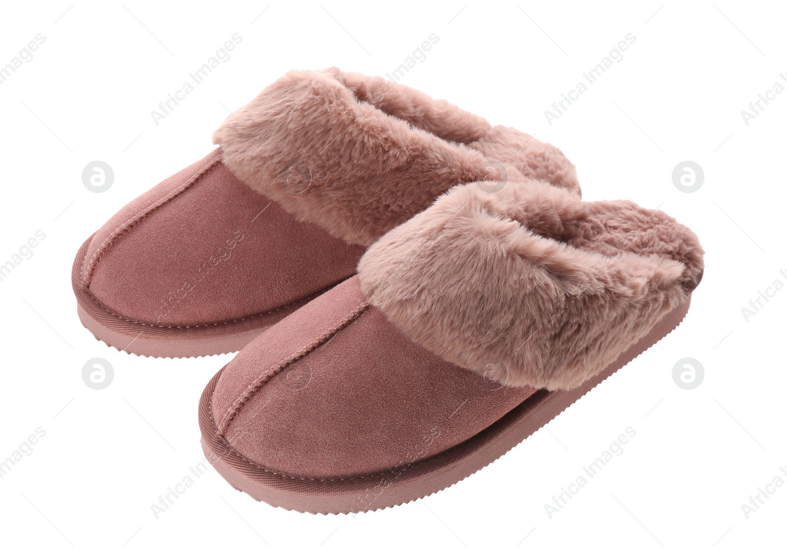 Photo of Pair of stylish soft slippers on white background