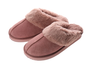 Photo of Pair of stylish soft slippers on white background