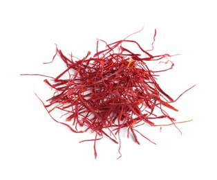 Photo of Pile of dried saffron isolated on white, top view