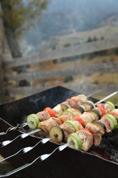 Photo of Cooking meat and vegetables on brazier outdoors
