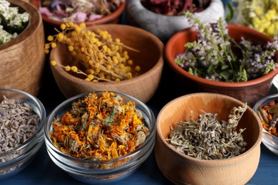 Many different herbs in bowls on blue wooden table