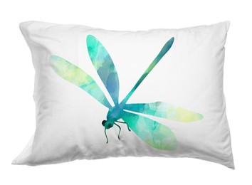 Soft pillow with printed dragonfly isolated on white