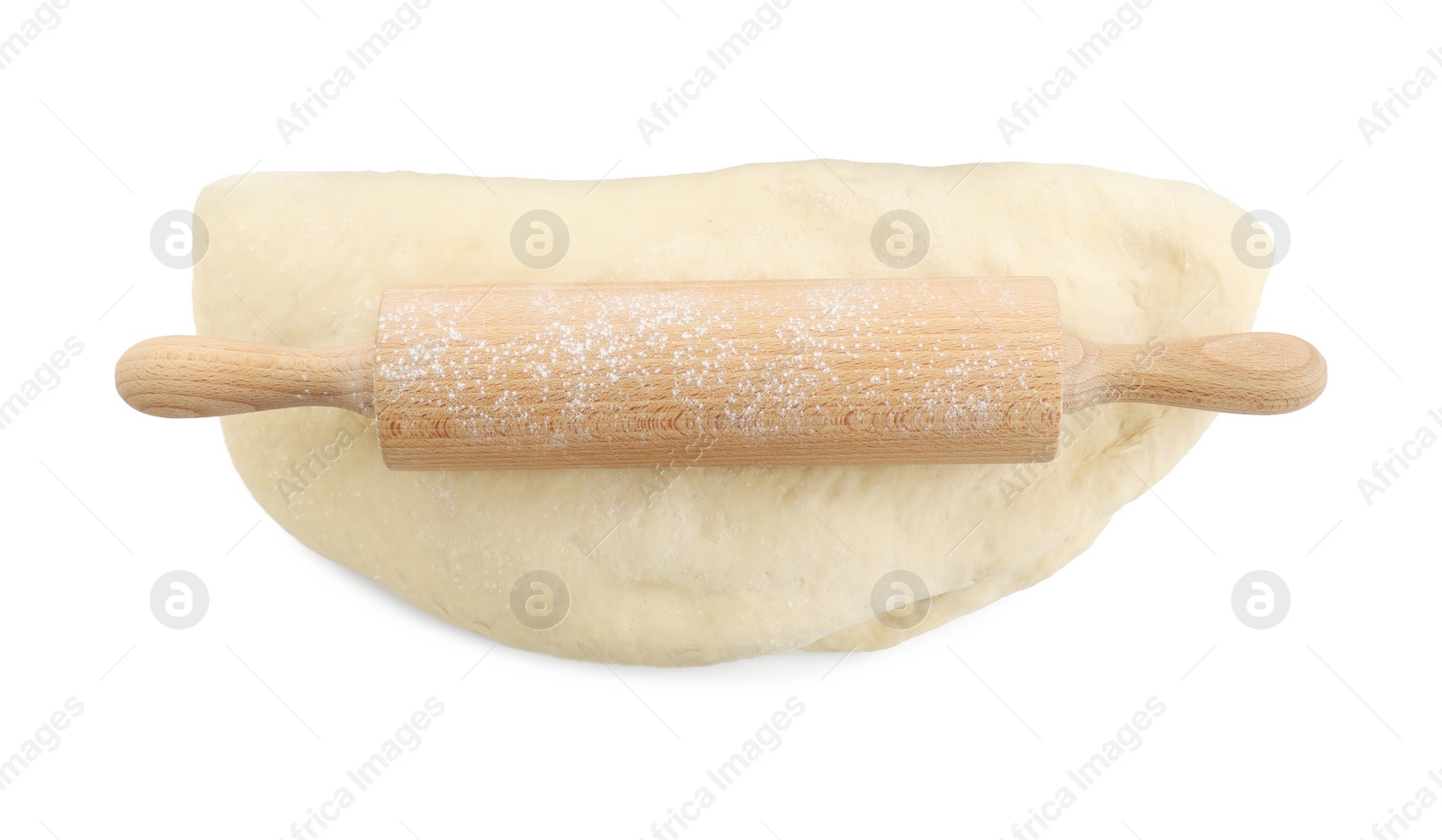 Photo of Raw dough and rolling pin isolated on white, top view