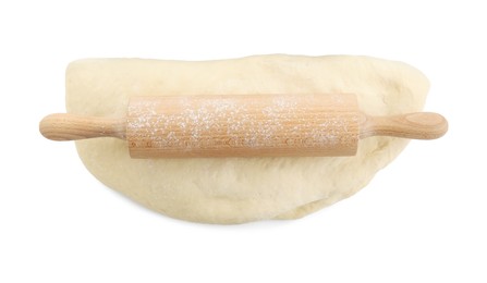 Photo of Raw dough and rolling pin isolated on white, top view