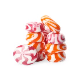 Photo of Stacked tasty hard candies on white background