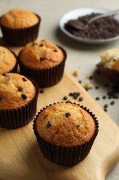 Photo of Delicious sweet muffins with chocolate chips on grey table, closeup
