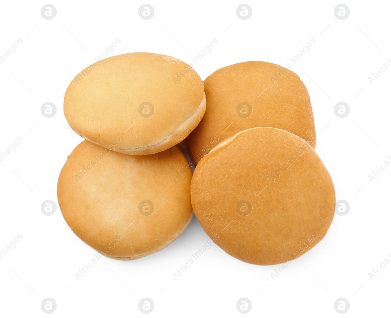 Photo of Fresh hamburger buns isolated on white, top view