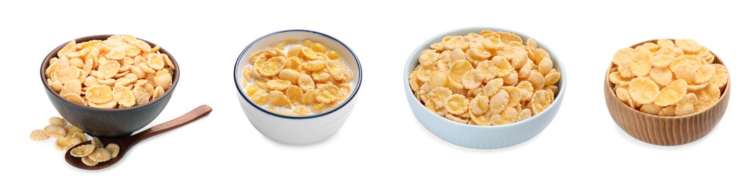 Set of tasty corn flakes in bowls on white background