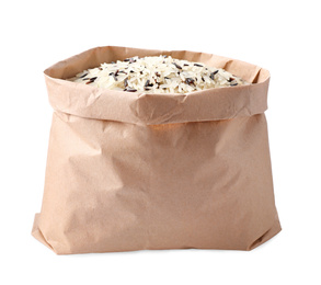 Photo of Mix of brown and polished rice in paper bag isolated on white