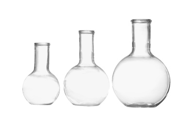 Empty Florence flasks on white background. Chemistry glassware