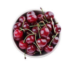 Sweet juicy cherries in bowl isolated on white, top view