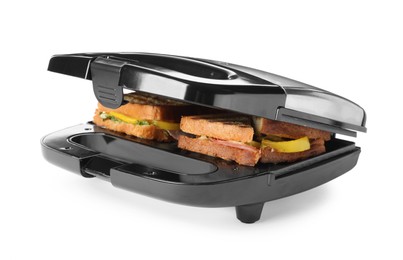 Modern grill maker with tasty sandwiches on white background