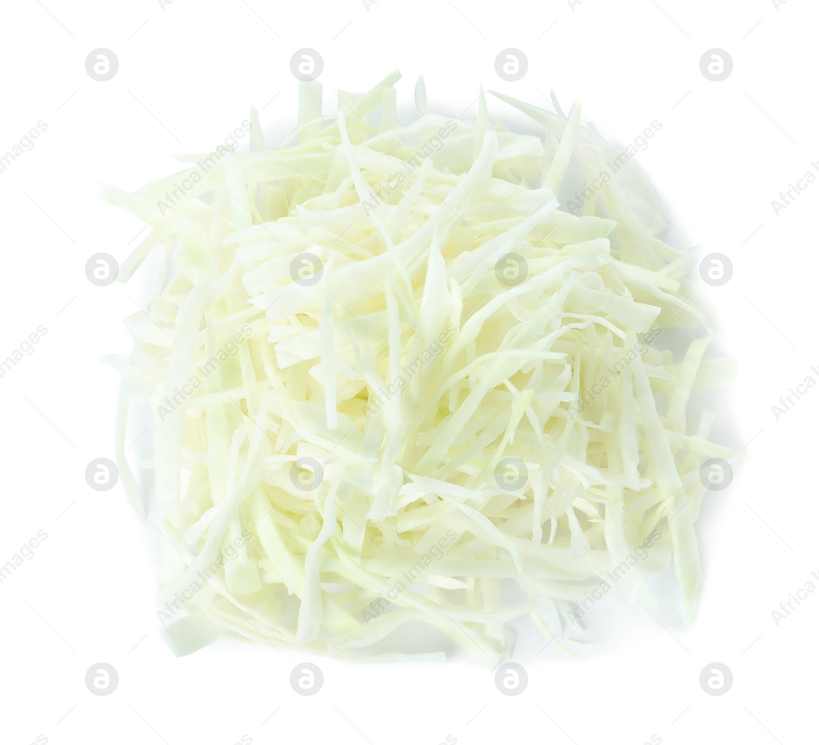 Photo of Chopped fresh ripe cabbage isolated on white, above view