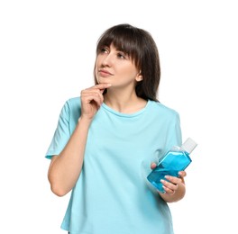 Photo of Young woman with mouthwash on white background