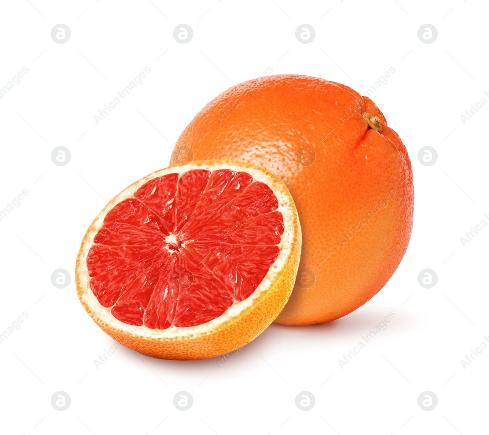 Image of Whole and cut grapefruits on white background