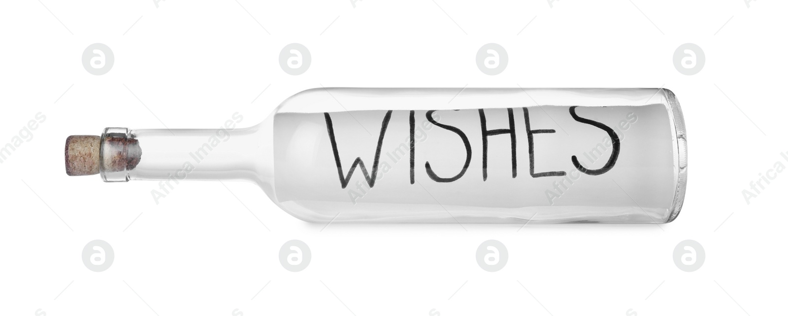 Photo of Corked glass bottle with Wishes note on white background